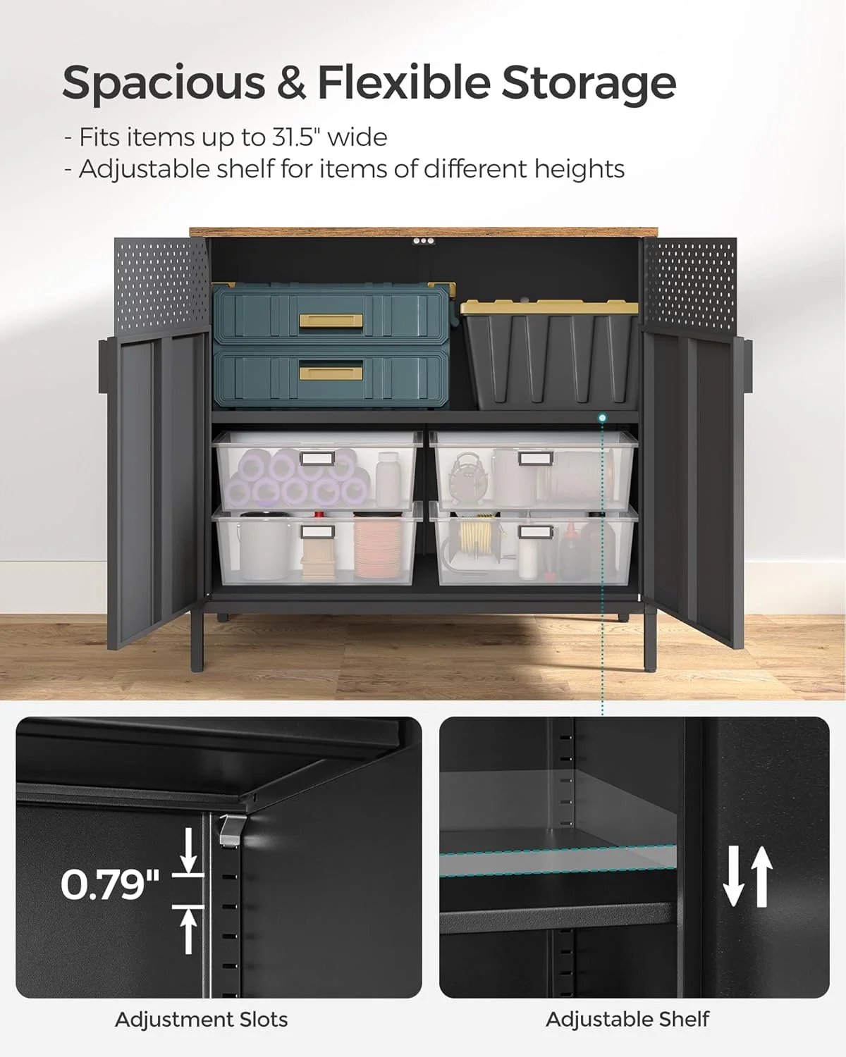 کابینت ذخیره سازی SONGMICS، کابینت فلزی، بوفه با 2 درب، 40x80x76 سانتی متر، بسته شدن مغناطیسی، قفسه قابل تنظیم، قاب فولادی، قهوه ای روستایی و مشکی ULSC102B01