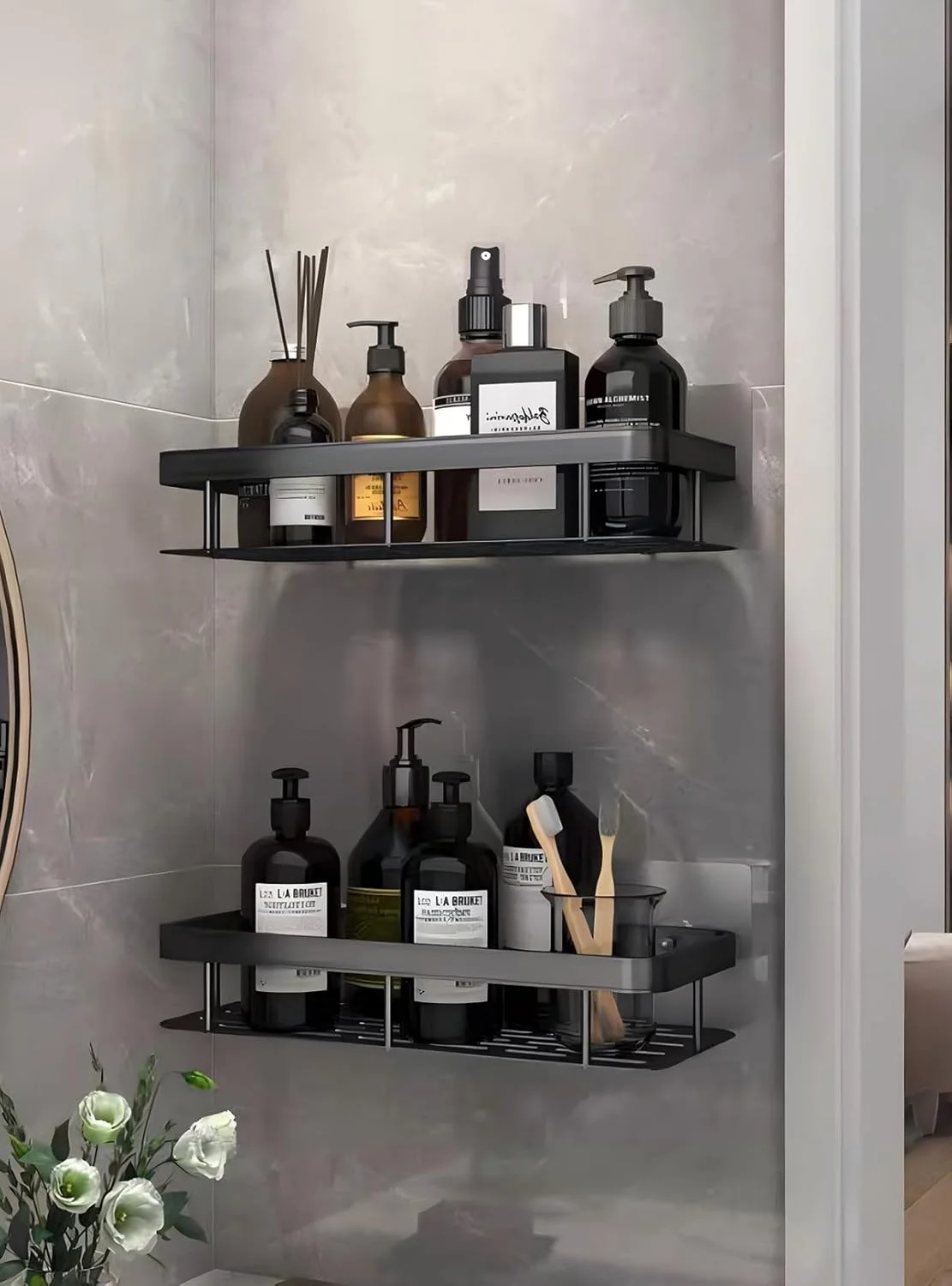 قفسه گوشه ای برای حمام، قفسه گوشه ای چسبی برای حمام و دوش، بدون نیاز به سوراخکاری، سازمان دهنده لوازم حمام دیواری، سبد ضد زنگ - بسته 2 عددی (1، مستطیلی)