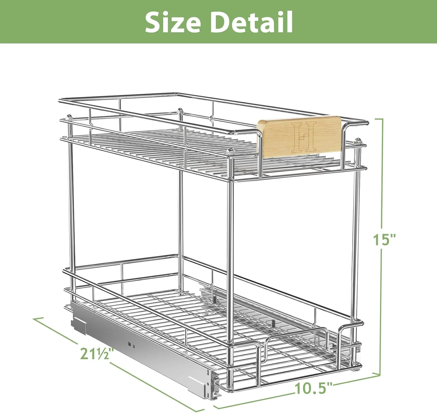 ارگانایزر کابینت کشویی ROOMTEC با دسته چوبی، عرض 26.5 سانتی متر در عمق 54.6 سانتی متر، 2 طبقه، قفسه های کشویی کابینت، مناسب برای نگهداری وسایل آشپزخانه در زیر کابینت
