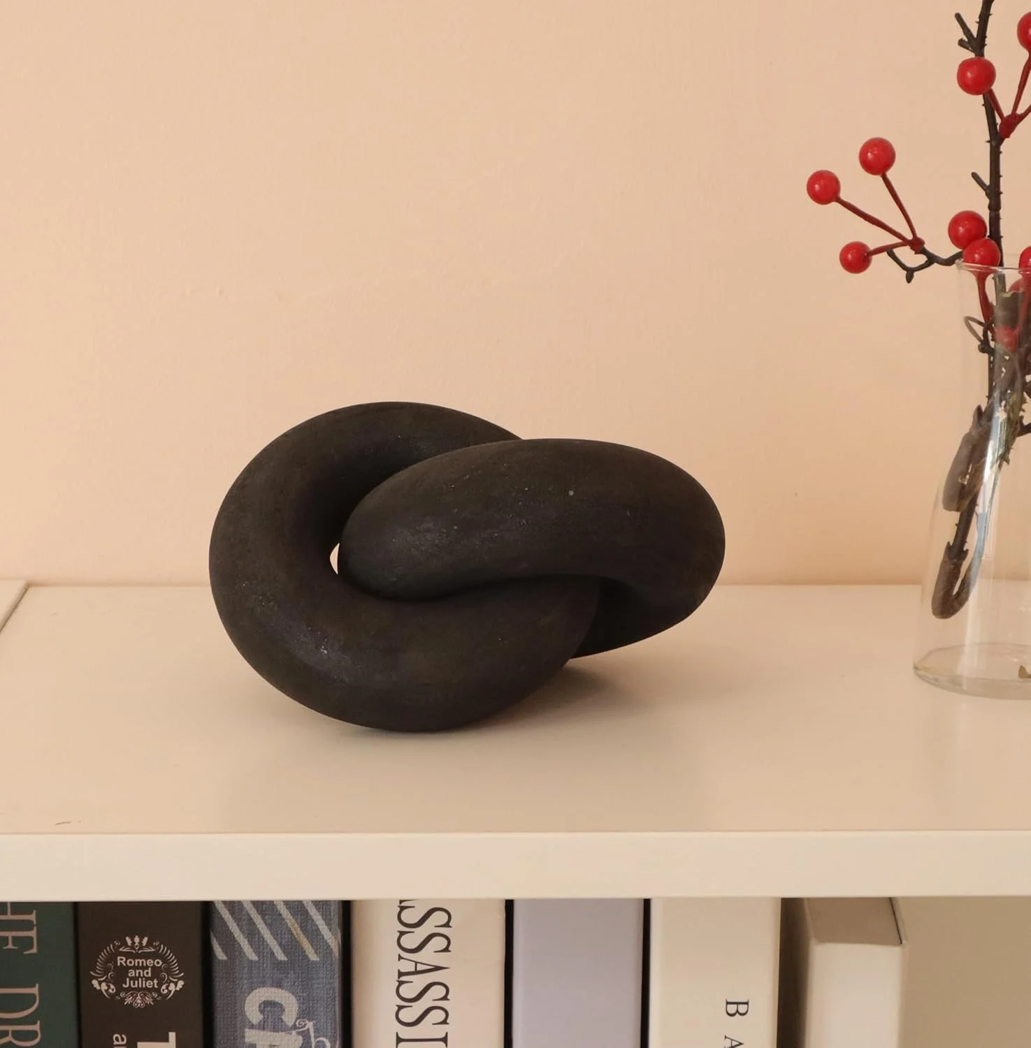دکور گره چوبی مشکی HMASYO، دکور زنجیره ای 2 حلقه ای بزرگ، شیء تزئینی دست ساز بوهو برای میز قهوه اتاق نشیمن، شومینه، قفسه، خانه روستایی