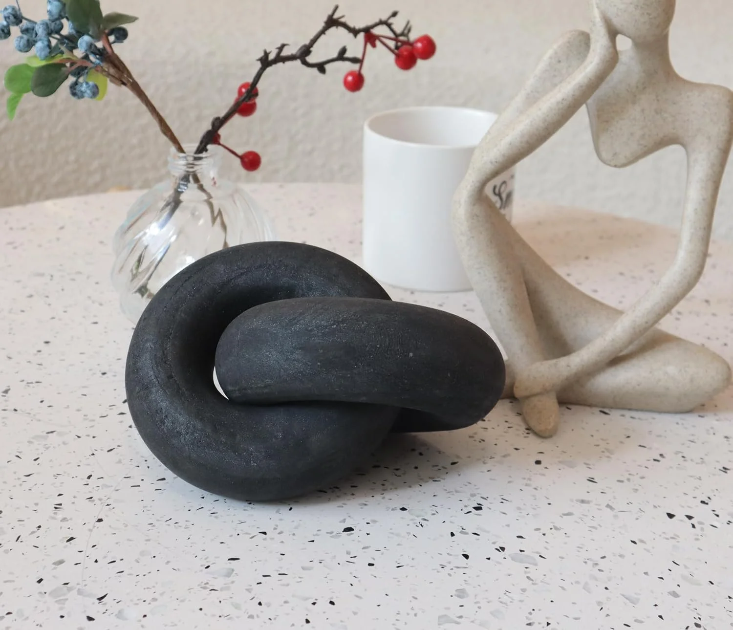 دکور گره چوبی مشکی HMASYO، دکور زنجیره ای 2 حلقه ای بزرگ، شیء تزئینی دست ساز بوهو برای میز قهوه اتاق نشیمن، شومینه، قفسه، خانه روستایی