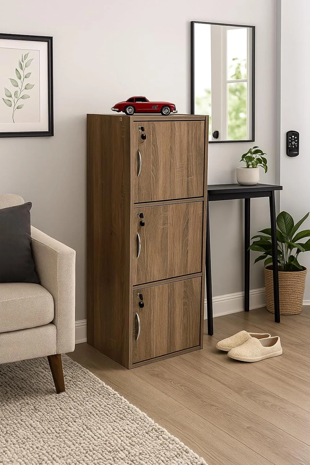 کابینت ذخیره سازی چوبی مدرن 3 طبقه با درب های قفل دار - سازمان دهنده مستقل 112 سانتی متری با 3 قفسه جادار 35 سانتی متری، سطح 40x40 سانتی متر، پانل های ضخیم 15 میلی متری - کمد چند منظوره بادوام