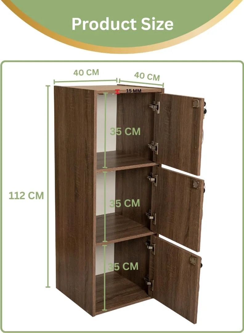 کابینت ذخیره سازی چوبی مدرن 3 طبقه با درب های قفل دار - سازمان دهنده مستقل 112 سانتی متری با 3 قفسه جادار 35 سانتی متری، سطح 40x40 سانتی متر، پانل های ضخیم 15 میلی متری - کمد چند منظوره بادوام