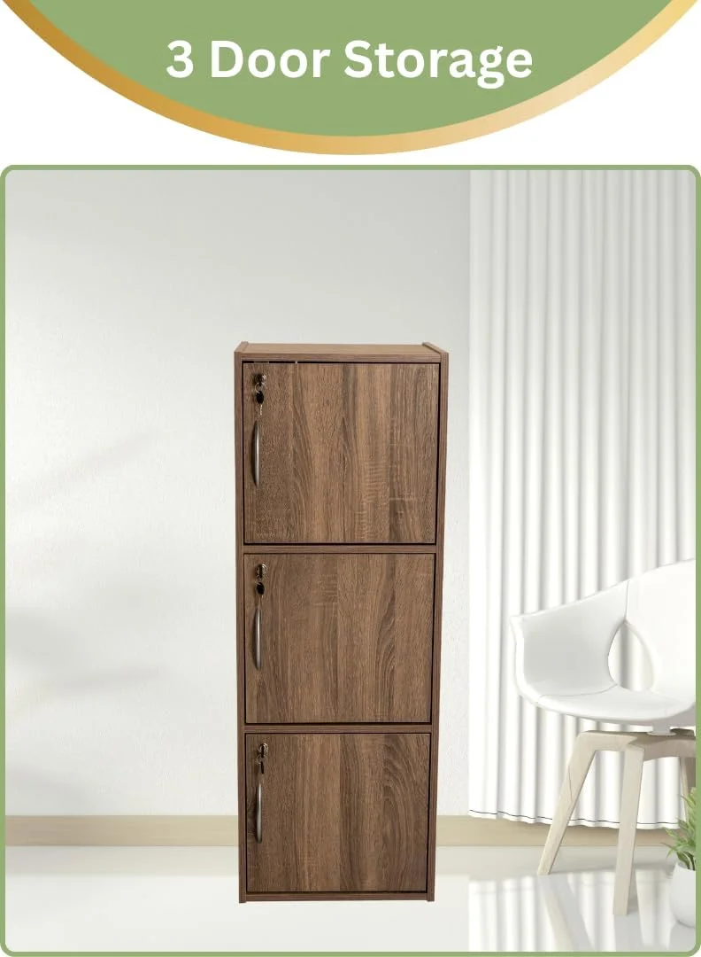کابینت ذخیره سازی چوبی مدرن 3 طبقه با درب های قفل دار - سازمان دهنده مستقل 112 سانتی متری با 3 قفسه جادار 35 سانتی متری، سطح 40x40 سانتی متر، پانل های ضخیم 15 میلی متری - کمد چند منظوره بادوام