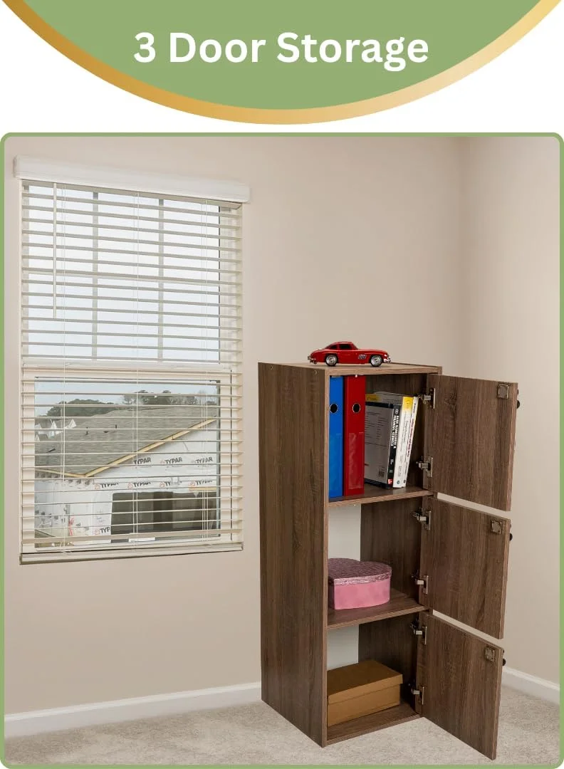کابینت ذخیره سازی چوبی مدرن 3 طبقه با درب های قفل دار - سازمان دهنده مستقل 112 سانتی متری با 3 قفسه جادار 35 سانتی متری، سطح 40x40 سانتی متر، پانل های ضخیم 15 میلی متری - کمد چند منظوره بادوام