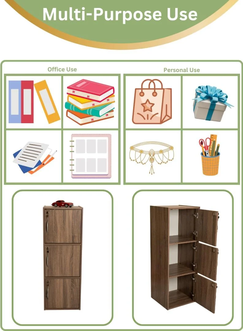 کابینت ذخیره سازی چوبی مدرن 3 طبقه با درب های قفل دار - سازمان دهنده مستقل 112 سانتی متری با 3 قفسه جادار 35 سانتی متری، سطح 40x40 سانتی متر، پانل های ضخیم 15 میلی متری - کمد چند منظوره بادوام