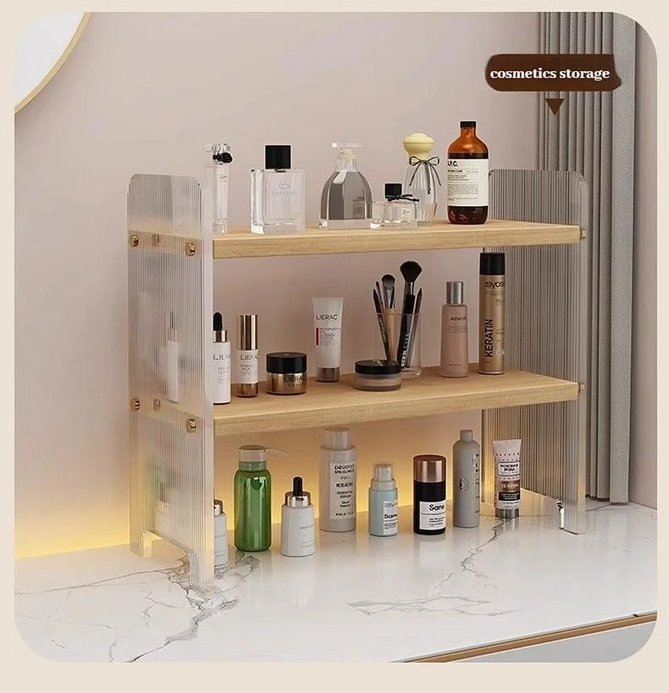 استند رومیزی ساده چوبی و اکریلیک با دو طبقه، قفسه کوچک گوشه دانشجویی، قفسه نگهداری لوازم آرایشی و بهداشتی، قفسه نگهداری ادویه جات آشپزخانه (2 طبقه)