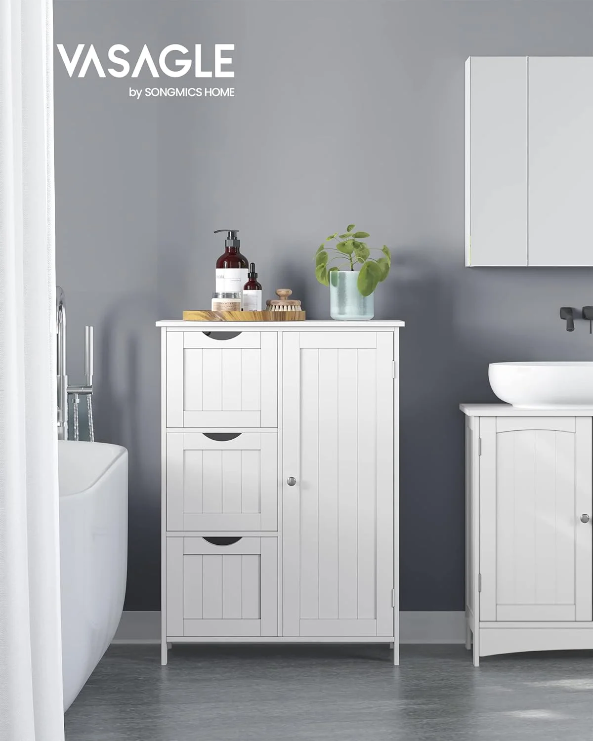 کابینت ایستاده ذخیره سازی کف حمام VASAGLE، واحد ذخیره سازی حمام با 3 کشو، 1 قفسه قابل تنظیم، کابینت حمام مستقل، 30x60x81 سانتی متر، سفید UBBC49WT