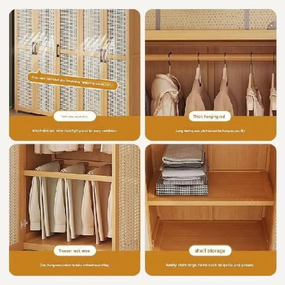 کمد لباس چوبی 4 درب حصیری طبیعی با قفسه و فضای آویز، سایز 160cm 120cm 42cm