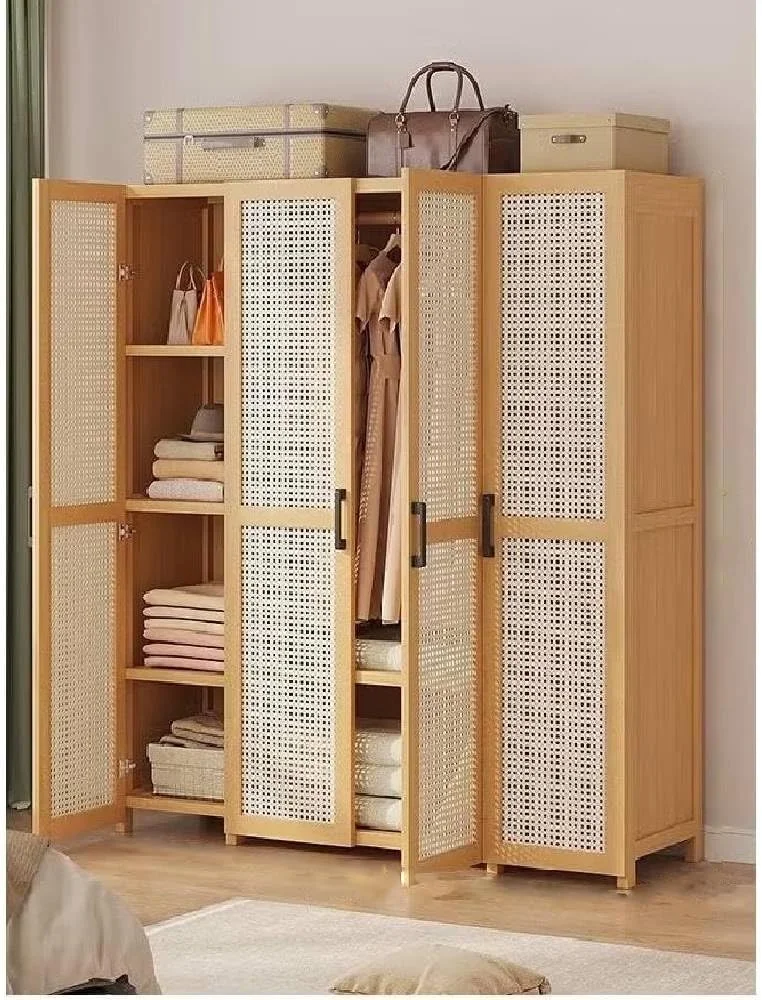 کمد لباس چوبی 4 درب حصیری طبیعی با قفسه و فضای آویز، سایز 160cm 120cm 42cm