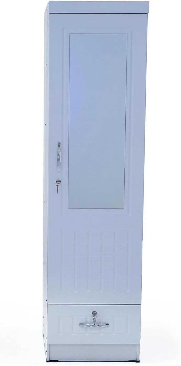 کمد لباس/قفسه/کابینت ذخیره سازی چوبی NAD Furniture LLC با آینه، درب قفل دار و کشو، چوب لباسی زیر قفسه، رنگ سفید