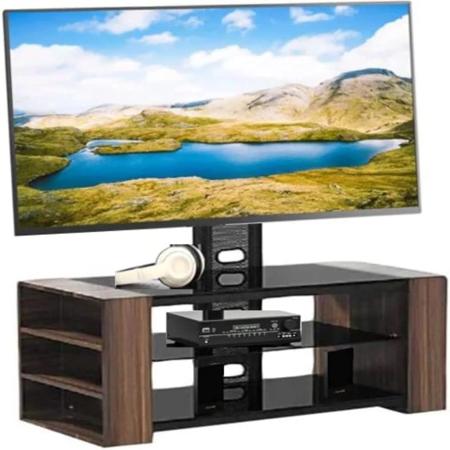 پایه تلویزیون شیشه ای سه طبقه قابل تنظیم ارتفاع AWF AL WADI FURNITURE از سال 1991 با قفسه های اضافی بیرونی در قاب چوبی، قهوه ای بلوطی، 120 ارتفاع x 120 عرض x 40 عمق سانتی متر
