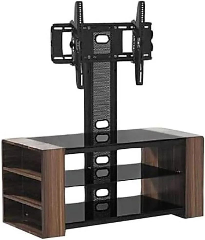 پایه تلویزیون شیشه ای سه طبقه قابل تنظیم ارتفاع AWF AL WADI FURNITURE از سال 1991 با قفسه های اضافی بیرونی در قاب چوبی، قهوه ای بلوطی، 120 ارتفاع x 120 عرض x 40 عمق سانتی متر