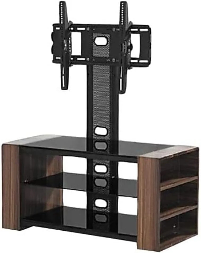 پایه تلویزیون شیشه ای سه طبقه قابل تنظیم ارتفاع AWF AL WADI FURNITURE از سال 1991 با قفسه های اضافی بیرونی در قاب چوبی، قهوه ای بلوطی، 120 ارتفاع x 120 عرض x 40 عمق سانتی متر
