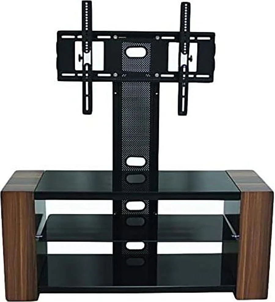 پایه تلویزیون شیشه ای سه طبقه قابل تنظیم ارتفاع AWF AL WADI FURNITURE از سال 1991 با قفسه های اضافی بیرونی در قاب چوبی، قهوه ای بلوطی، 120 ارتفاع x 120 عرض x 40 عمق سانتی متر