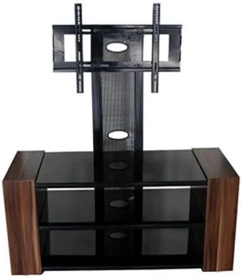 پایه تلویزیون شیشه ای سه طبقه قابل تنظیم ارتفاع AWF AL WADI FURNITURE از سال 1991 با قفسه های اضافی بیرونی در قاب چوبی، قهوه ای بلوطی، 120 ارتفاع x 120 عرض x 40 عمق سانتی متر