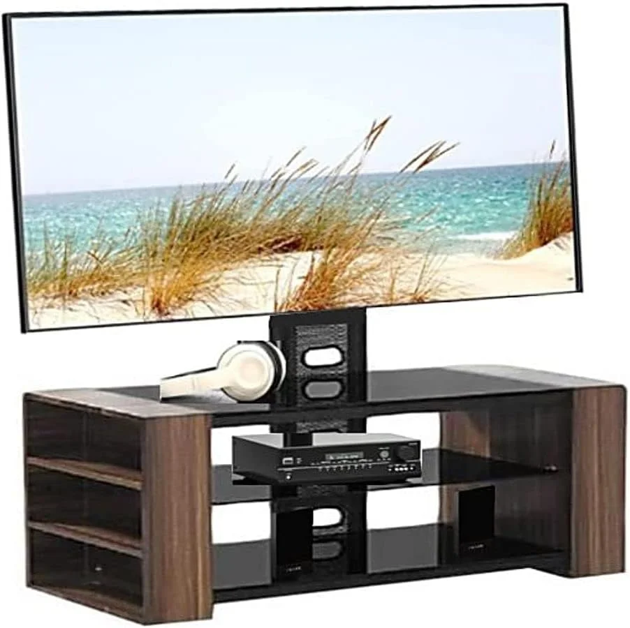 پایه تلویزیون شیشه ای سه طبقه قابل تنظیم ارتفاع AWF AL WADI FURNITURE از سال 1991 با قفسه های اضافی بیرونی در قاب چوبی، قهوه ای بلوطی، 120 ارتفاع x 120 عرض x 40 عمق سانتی متر