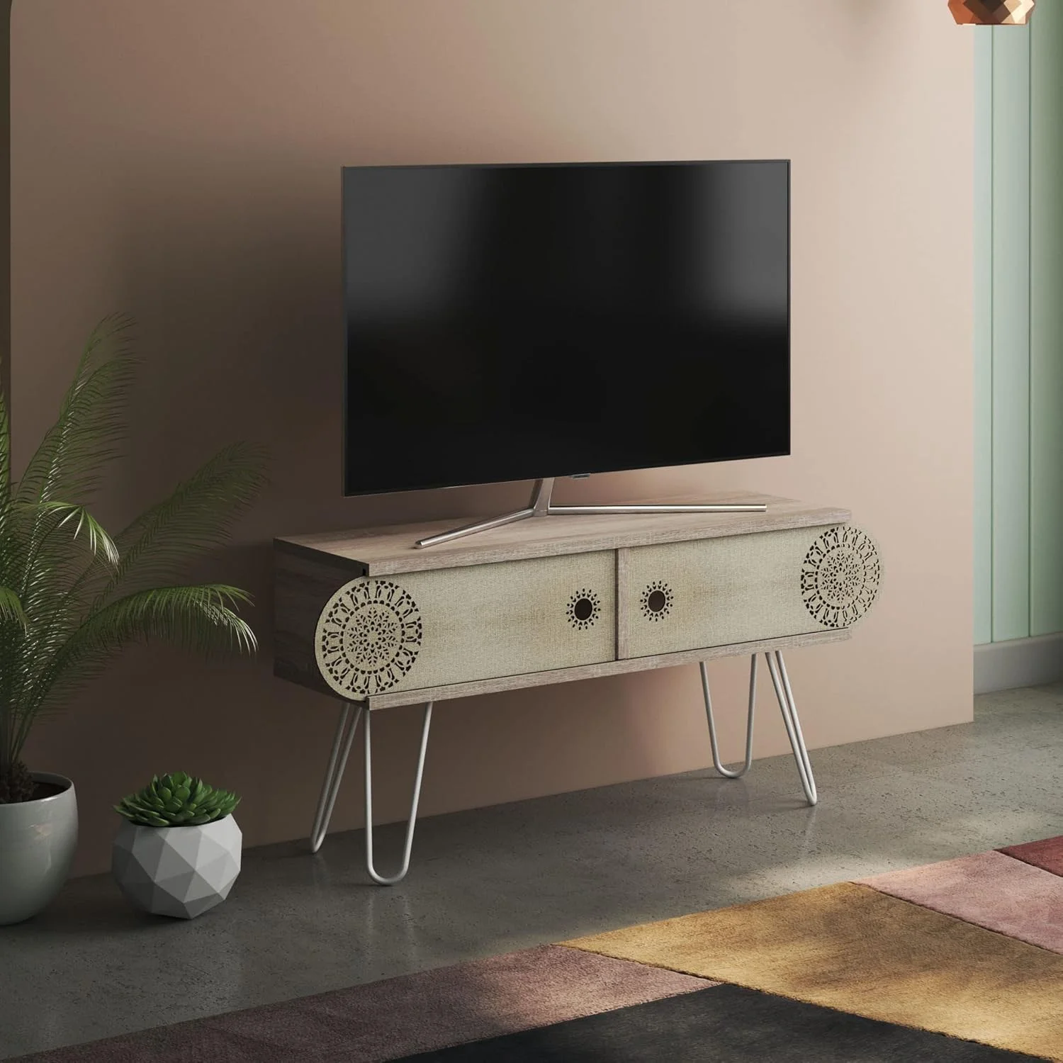 واحد دیواری قفسه تلویزیون درب کشویی متوسط HC Home Canvas Illia، سفید بلوطی، Mt190122