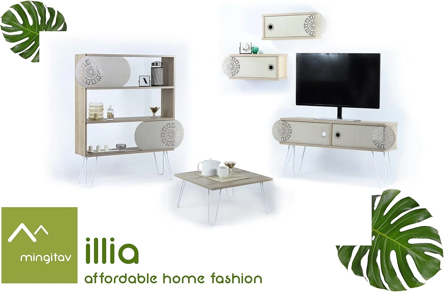 واحد دیواری قفسه تلویزیون درب کشویی متوسط HC Home Canvas Illia، سفید بلوطی، Mt190122