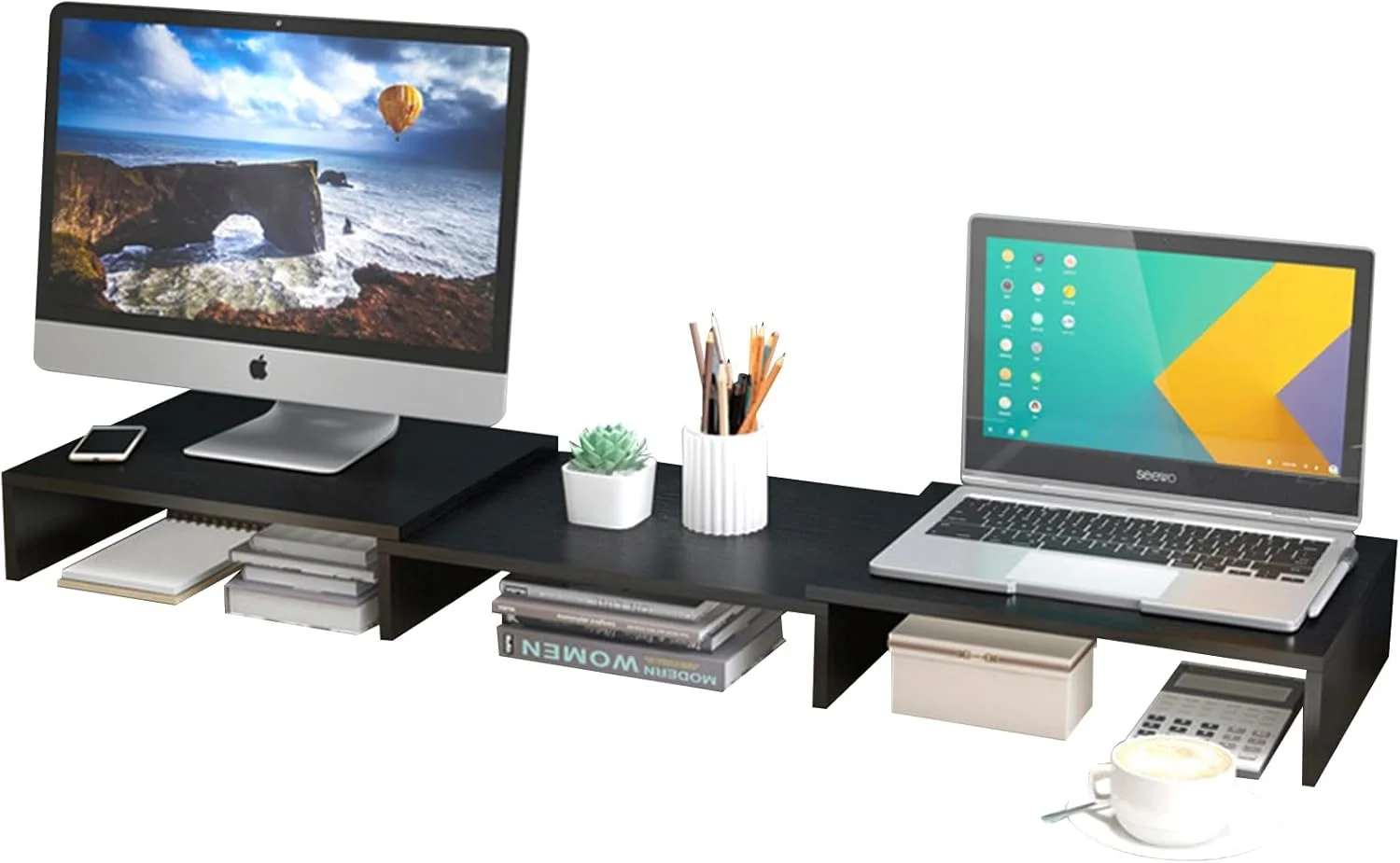 پایه مانیتور دوگانه DAYONG، پایه مانیتور دوتایی، قفسه سازمان دهنده رومیزی قابل تنظیم برای کامپیوتر، لپ تاپ و پرینتر (مشکی-C) مناسب برای خانه و اداره