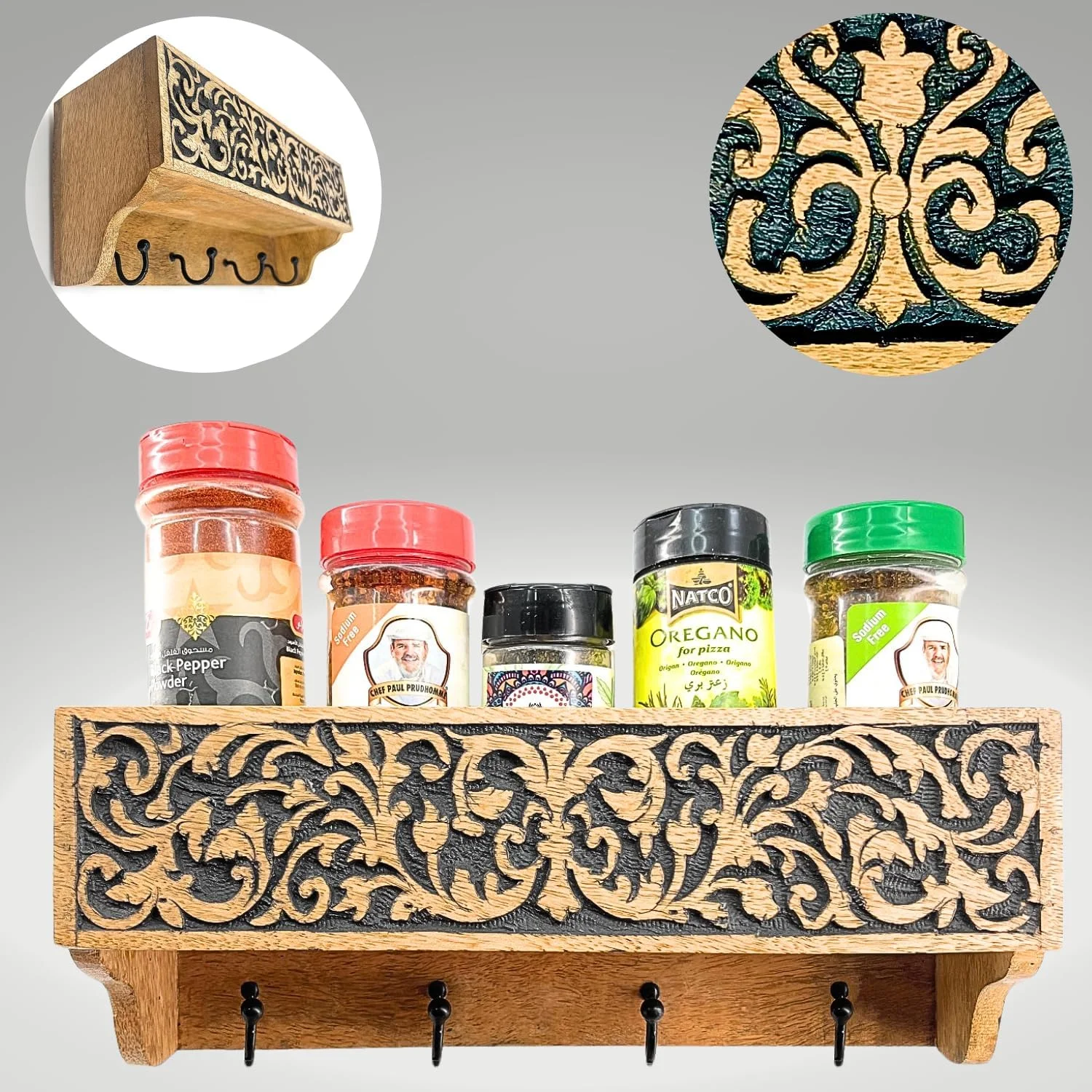 جا کلیدی دیواری چوبی Souq DESIGNS با 4 قلاب - چوب طبیعی با حکاکی مشکی، آویز کلید تزئینی برای دیوار، سازمان دهنده کلید ورودی، قفسه آشپزخانه، خانه و محل کار با قفسه