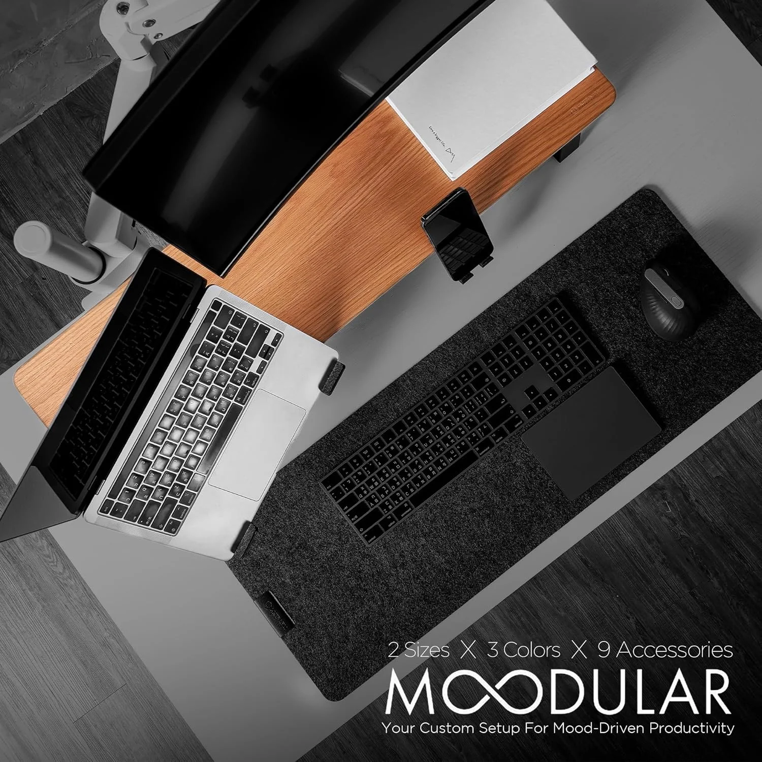 پایه مانیتور چوبی ماژولار ULTRARM مدل Moodular با طول 85 سانتی متر، سازمان دهنده میز با ریل های فلزی کشویی برای کشو، سینی، لپ تاپ، تبلت، تلفن و هدفون، پایه قابل تنظیم برای فضای کار منظم، چوب بلوط MS85-O