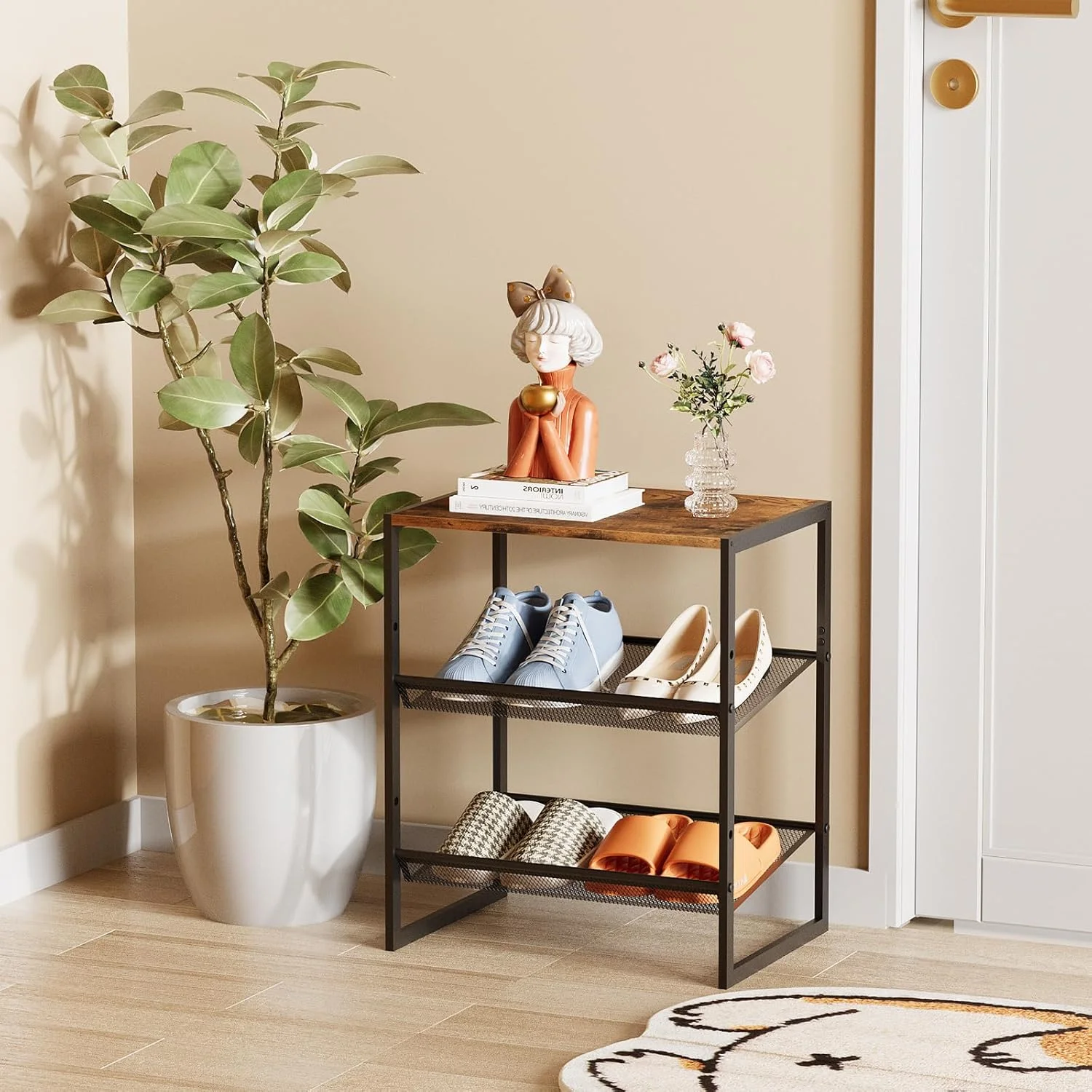 جاکفشی 3 طبقه باریک Garden 4 you، سازمان دهنده فضای کوچک با میز چوبی قهوه ای، قفسه فلزی قابل تنظیم و چیدمان برای ورودی راهرو اتاق نشیمن کمد جاکفشی 3 طبقه باریک Garden 4 you، سازمان دهنده فضای کوچک با میز چوبی قهوه ای، قفسه فلزی قابل تنظیم و چیدمان برای ورودی راهرو اتاق نشیمن کمد