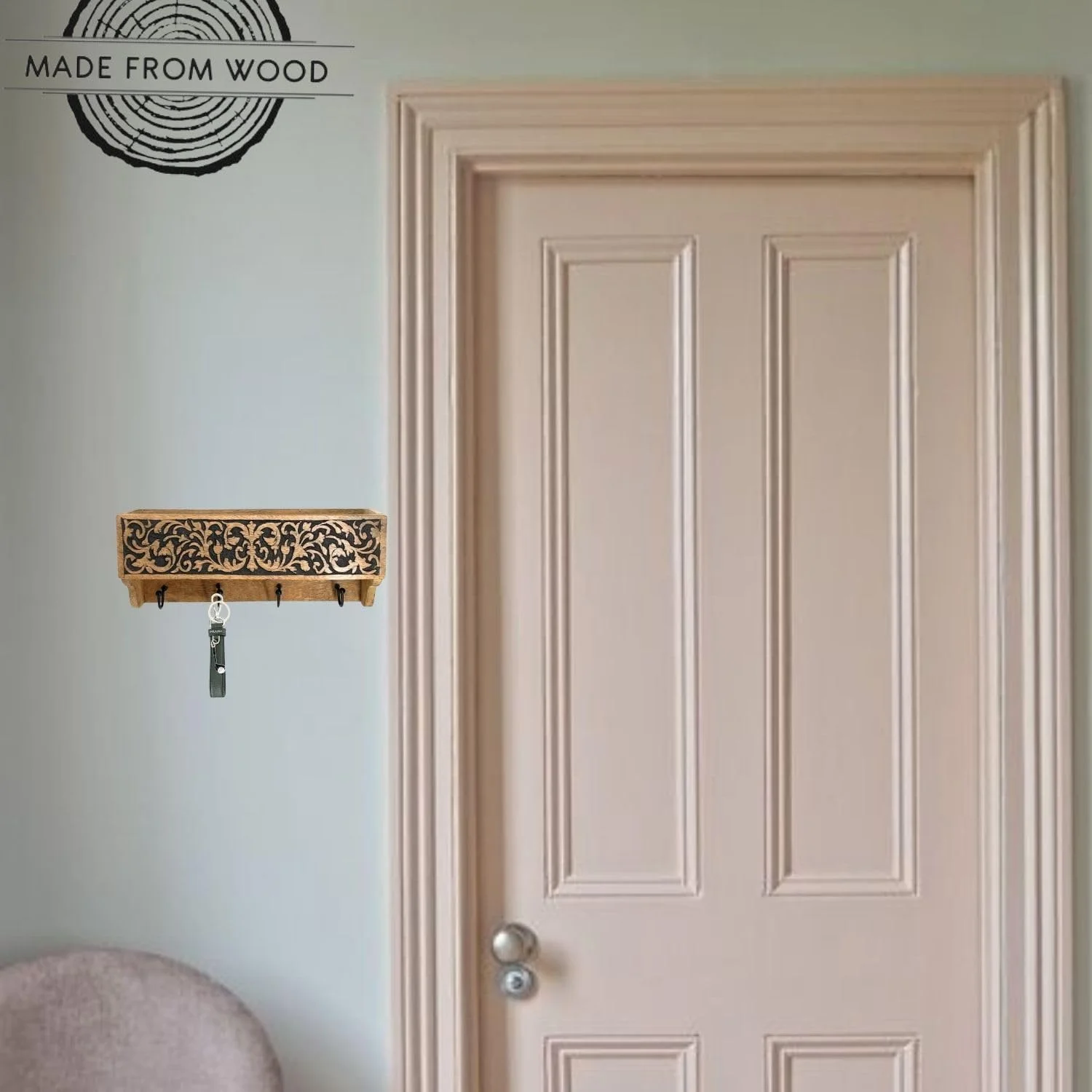 جا کلیدی دیواری چوبی Souq DESIGNS با 4 قلاب - چوب طبیعی با حکاکی مشکی، آویز کلید تزئینی برای دیوار، سازمان دهنده کلید ورودی، قفسه آشپزخانه، خانه و محل کار با قفسه جا کلیدی دیواری چوبی Souq DESIGNS با 4 قلاب - چوب طبیعی با حکاکی مشکی، آویز کلید تزئینی برای دیوار، سازمان دهنده کلید ورودی، قفسه آشپزخانه، خانه و محل کار با قفسه