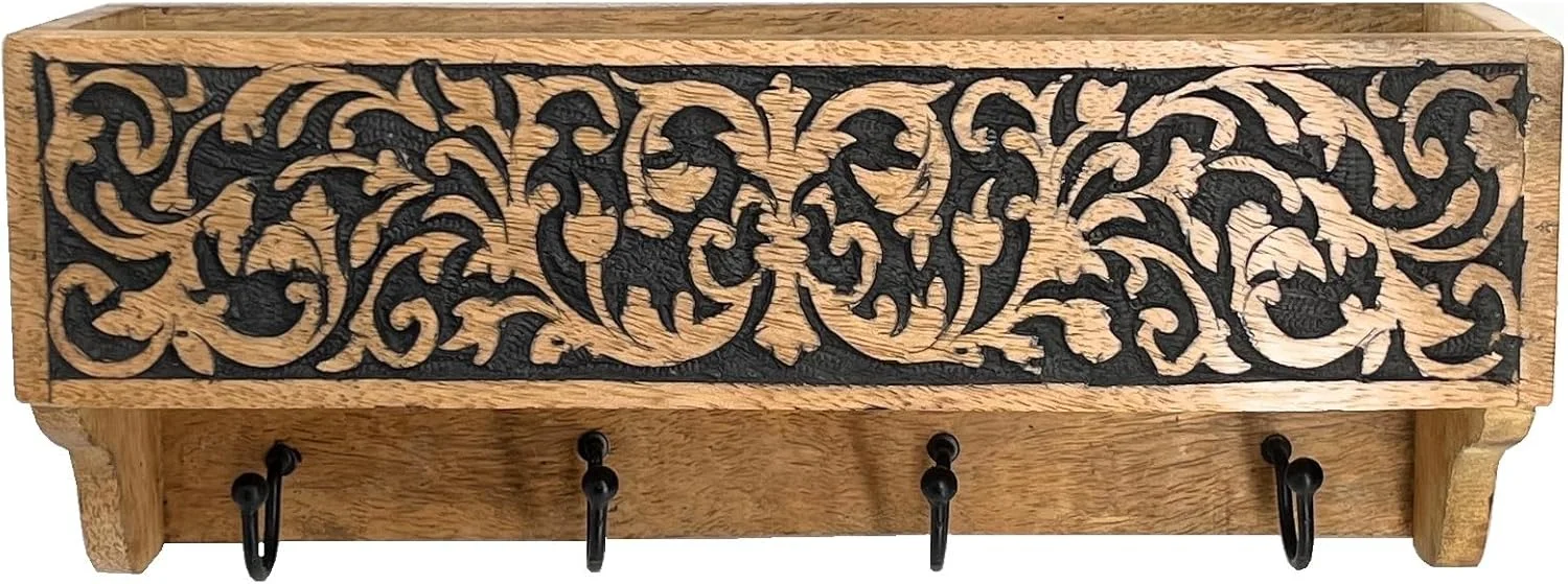 جا کلیدی دیواری چوبی Souq DESIGNS با 4 قلاب - چوب طبیعی با حکاکی مشکی، آویز کلید تزئینی برای دیوار، سازمان دهنده کلید ورودی، قفسه آشپزخانه، خانه و محل کار با قفسه جا کلیدی دیواری چوبی Souq DESIGNS با 4 قلاب - چوب طبیعی با حکاکی مشکی، آویز کلید تزئینی برای دیوار، سازمان دهنده کلید ورودی، قفسه آشپزخانه، خانه و محل کار با قفسه