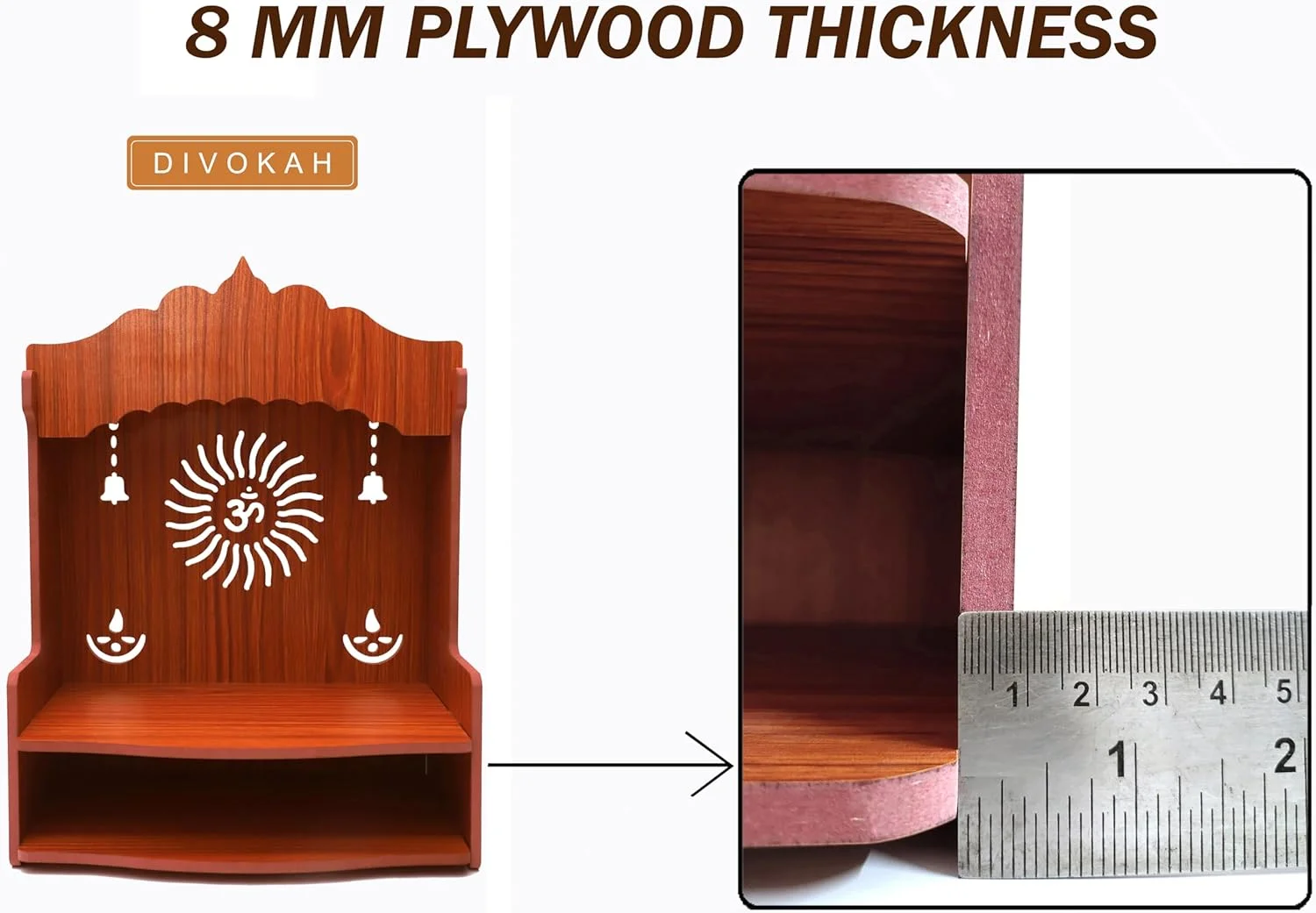 DIVOKAH® معبد چوبی MDF زیبا / معبد خانگی / پوجا مندیر (ضخامت تخته سه لایه 8 میلی متر) (D1 WDN OMBELL)