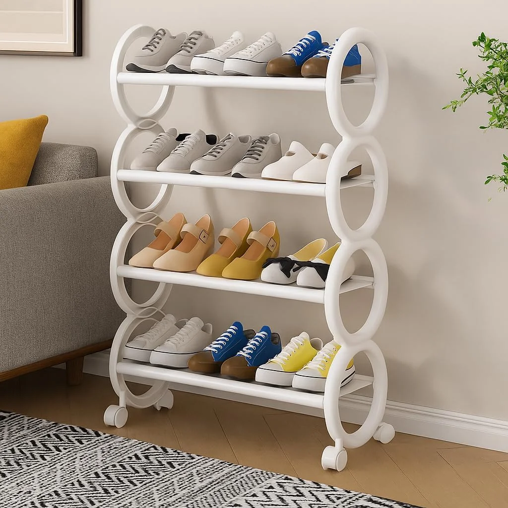 جاکفشی پارچه ای محکم 𝐉𝐎𝐇𝐍'𝐒 𝐃𝐄𝐂𝐎𝐑 با چرخ - سازمان دهنده کفش چند طبقه قابل حمل برای ورودی، اتاق خواب - استند نگهداری کفش متحرک برای چکمه، پاشنه بلند، دمپایی (سفید، 4 طبقه)