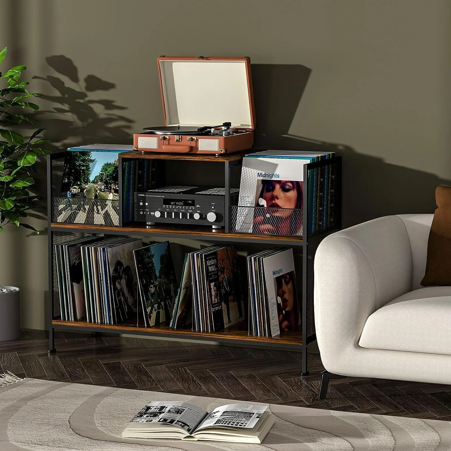 استند نمایش صفحه گرامافون Echo Audio با فضای ذخیره سازی، استند چوبی 3 طبقه با قفسه ذخیره سازی وینیل، سازمان دهنده LP، پایه های قابل تنظیم، دکوراسیون شیک منزل برای اتاق نشیمن و اتاق خواب