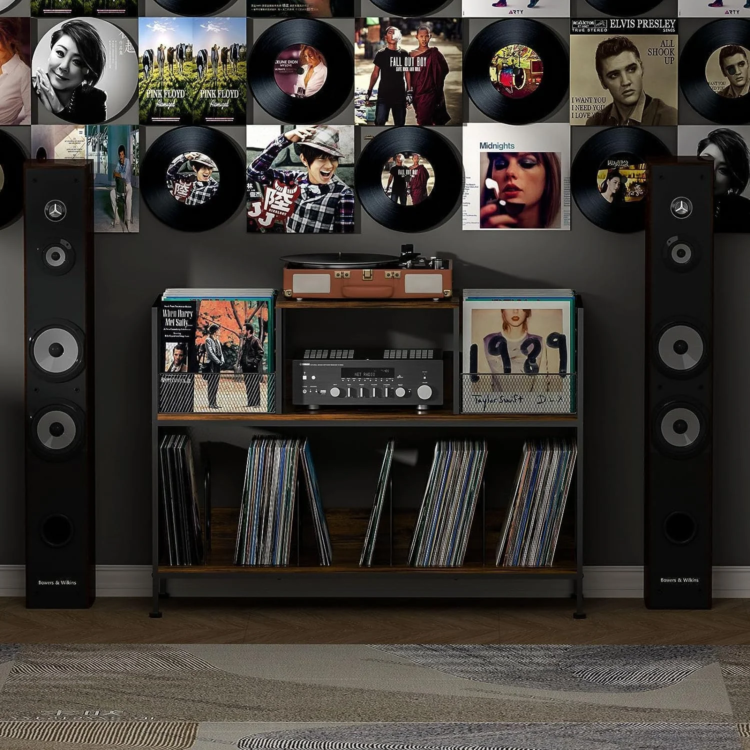 استند نمایش صفحه گرامافون Echo Audio با فضای ذخیره سازی، استند چوبی 3 طبقه با قفسه ذخیره سازی وینیل، سازمان دهنده LP، پایه های قابل تنظیم، دکوراسیون شیک منزل برای اتاق نشیمن و اتاق خواب