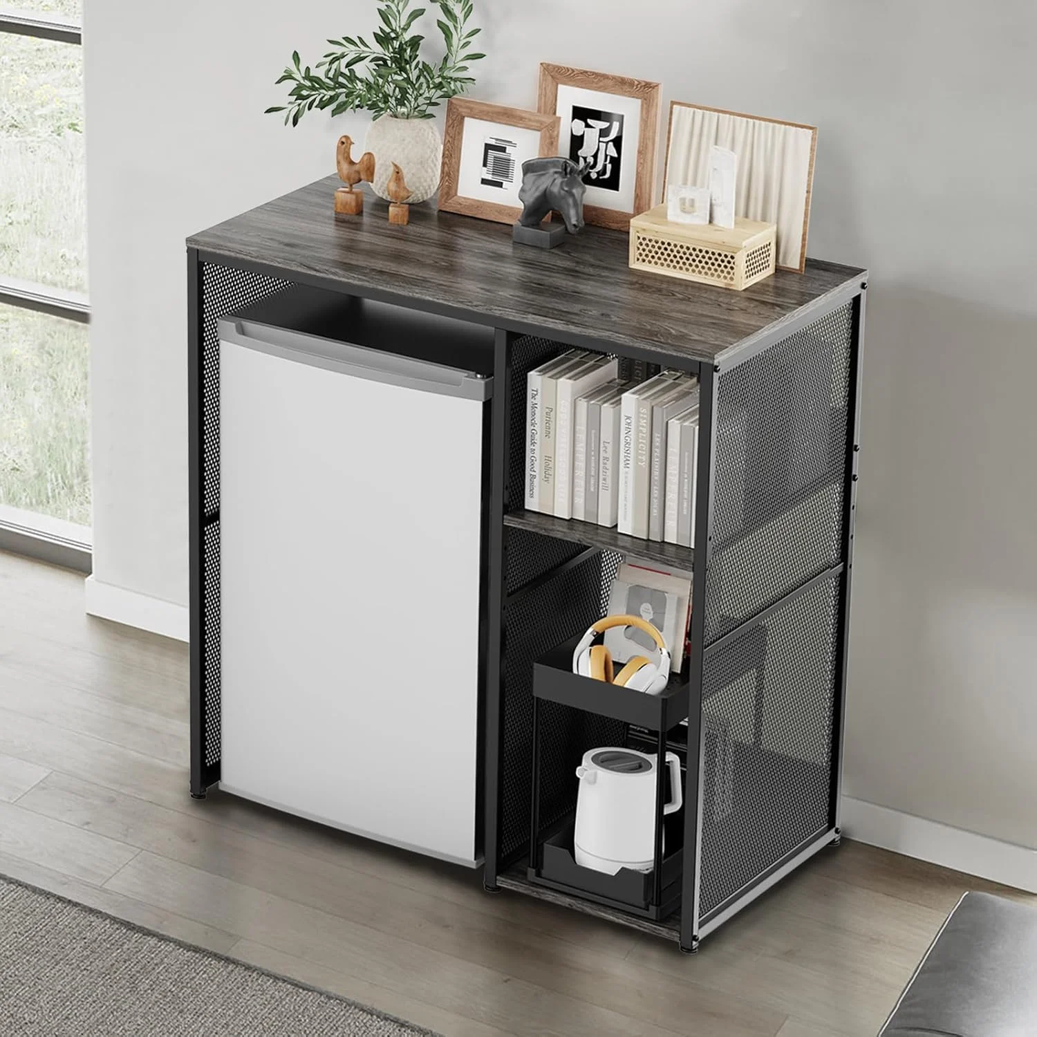 کابینت قهوه ساز 3 طبقه KirKical با فضای مینی یخچال، استند مایکروویو خاکستری روستایی سنگین، قفسه سازمان دهنده ذخیره سازی ابزار برای آشپزخانه منزل، خاکستری تخته سنگی کابینت قهوه ساز 3 طبقه KirKical با فضای مینی یخچال، استند مایکروویو خاکستری روستایی سنگین، قفسه سازمان دهنده ذخیره سازی ابزار برای آشپزخانه منزل، خاکستری تخته سنگی