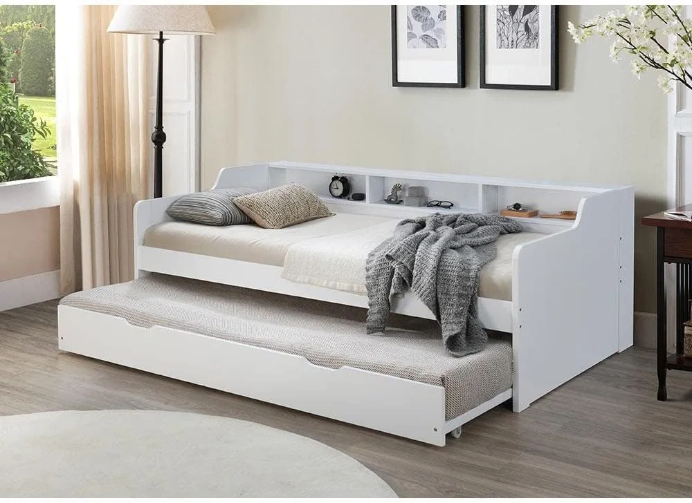 تخت خواب تاشو و نیمکتی دانوب هوم مدل Nexus به همراه قفسه و کشو | یک نفره (90x190 سانتی متر) | طراحی مدرن، قوی و بادوام | مبلمان تخت خواب چوبی یک نفره راحت - سفید
