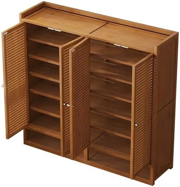 کابینت کفش چوبی مدرن با درب کرکره ای، 8 طبقه، 4 درب با طراحی فضای باز در قسمت پایین، سایز 117cm 139cm 32 cm