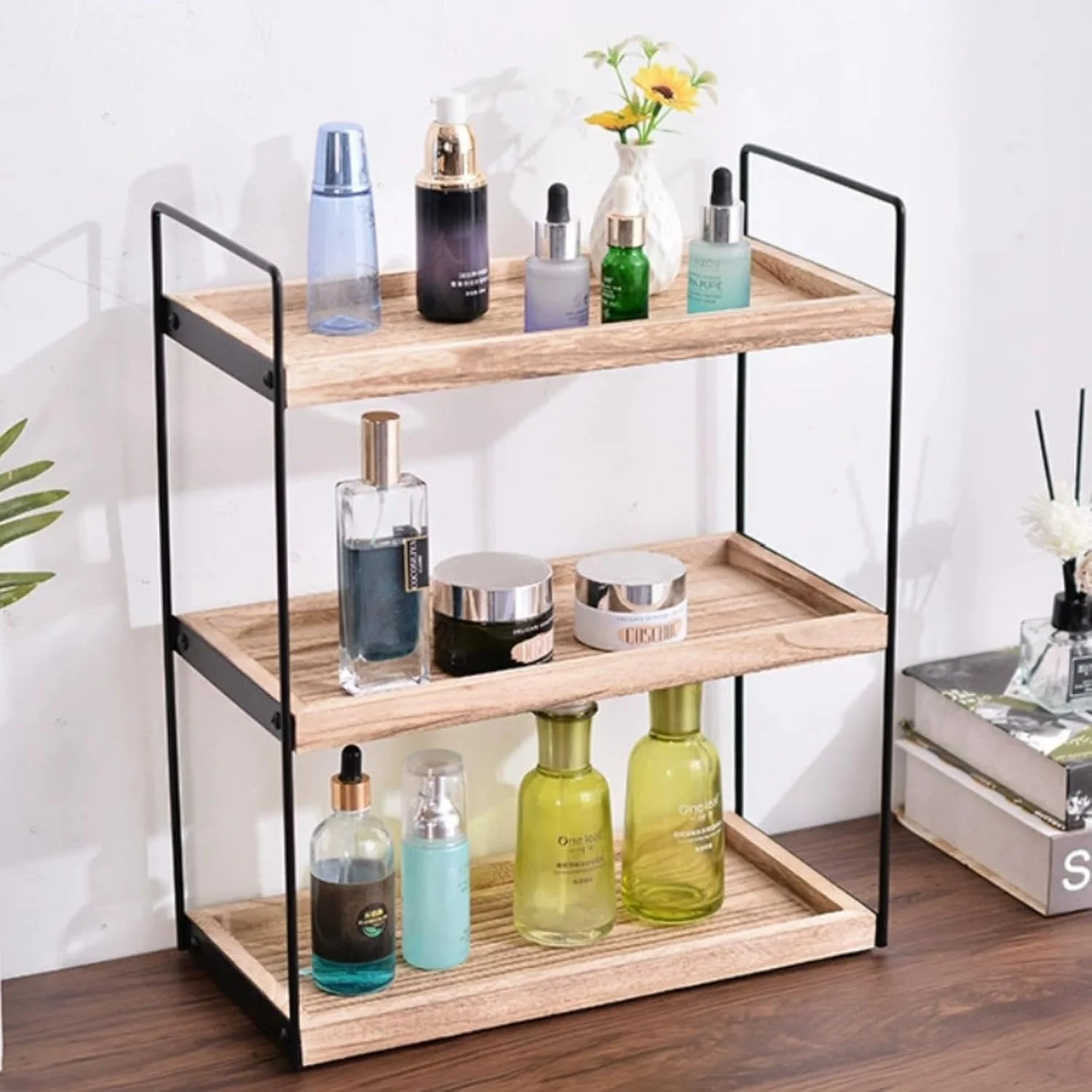 FengMingoo ارگانایزر 3 طبقه چوبی برای روی کانتر حمام، قفسه نگهداری روی میز، سینی حمام برای نگهدارنده لوازم آرایشی، قفسه ادویه آشپزخانه