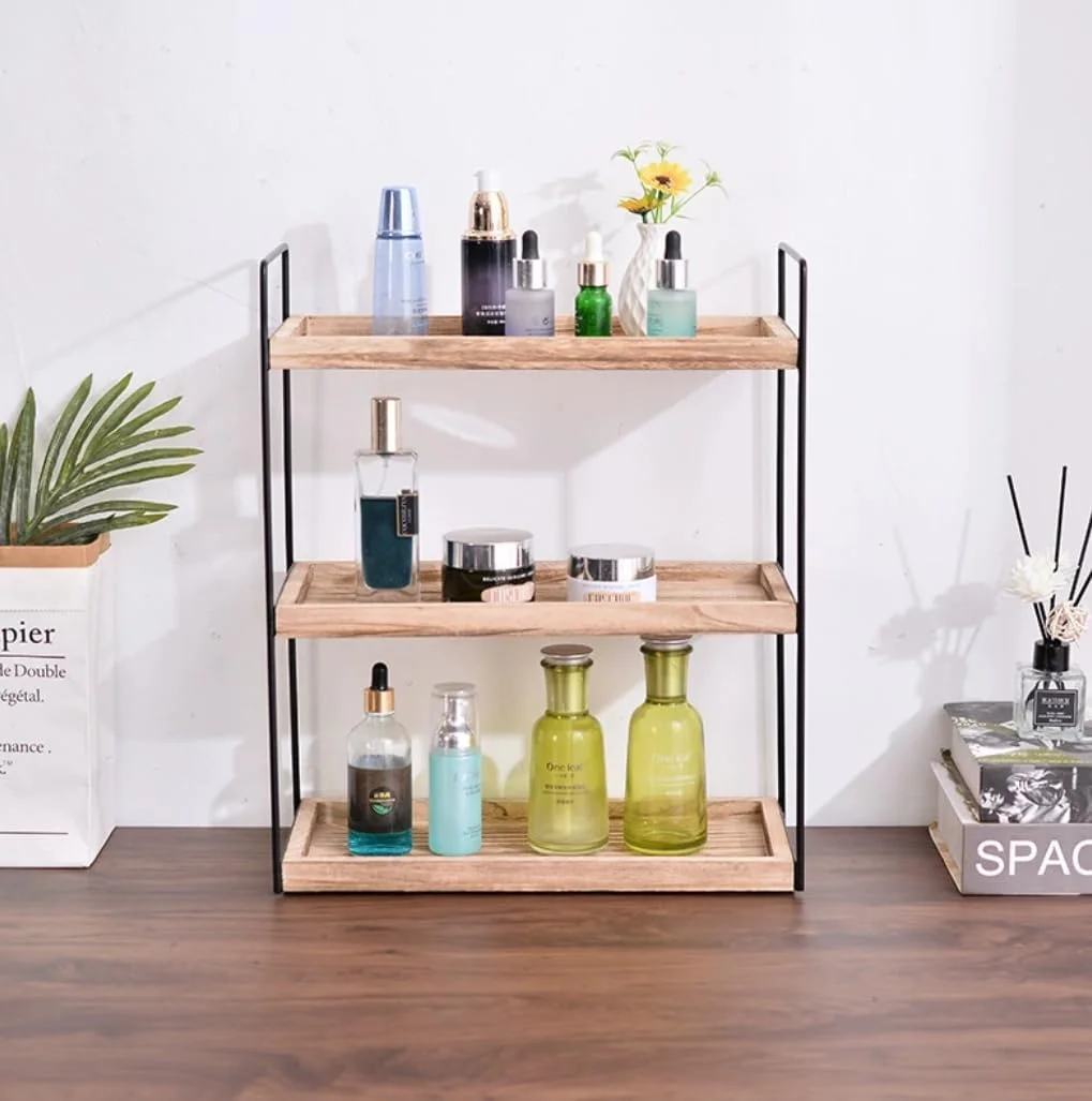FengMingoo ارگانایزر 3 طبقه چوبی برای روی کانتر حمام، قفسه نگهداری روی میز، سینی حمام برای نگهدارنده لوازم آرایشی، قفسه ادویه آشپزخانه