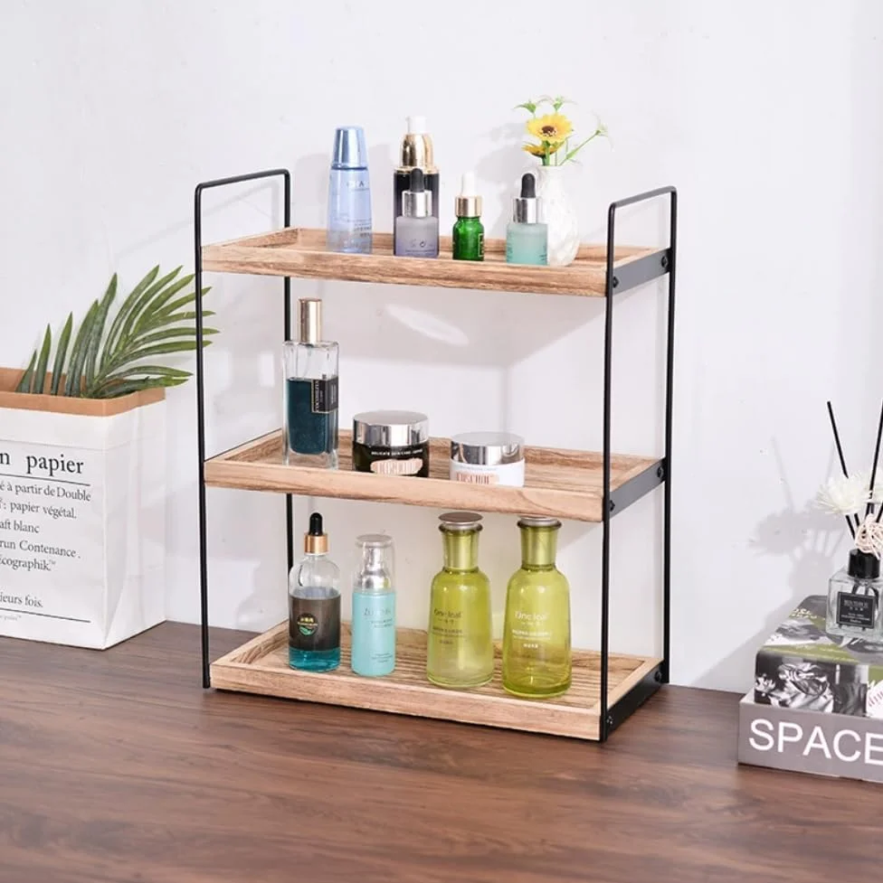 FengMingoo ارگانایزر 3 طبقه چوبی برای روی کانتر حمام، قفسه نگهداری روی میز، سینی حمام برای نگهدارنده لوازم آرایشی، قفسه ادویه آشپزخانه
