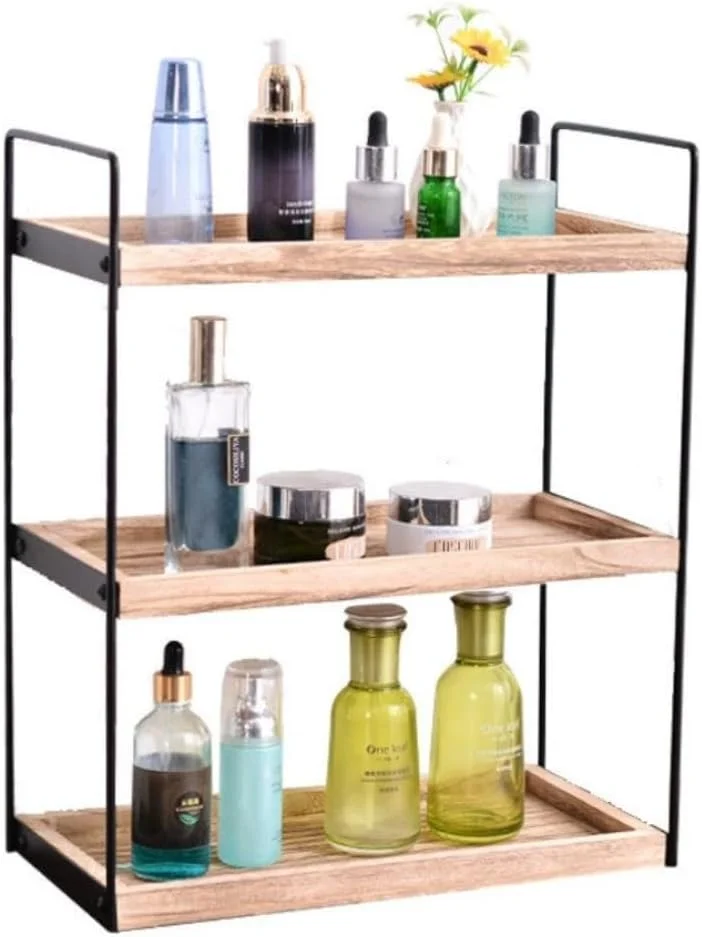 FengMingoo ارگانایزر 3 طبقه چوبی برای روی کانتر حمام، قفسه نگهداری روی میز، سینی حمام برای نگهدارنده لوازم آرایشی، قفسه ادویه آشپزخانه