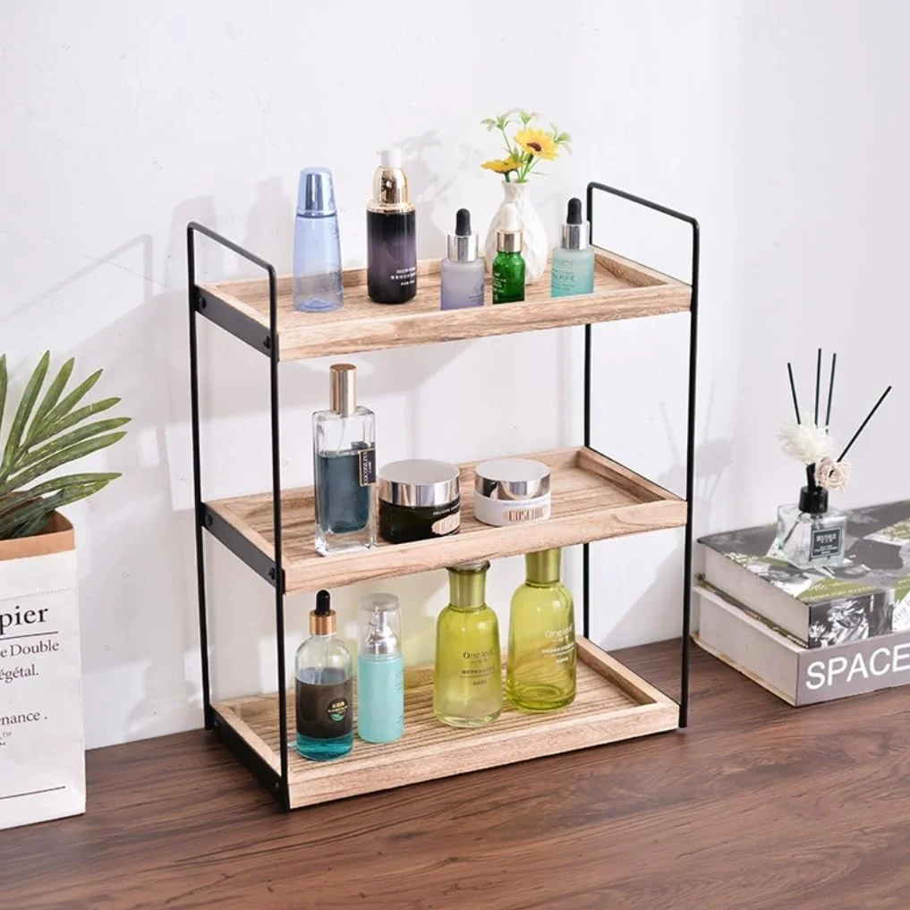 FengMingoo ارگانایزر 3 طبقه چوبی برای روی کانتر حمام، قفسه نگهداری روی میز، سینی حمام برای نگهدارنده لوازم آرایشی، قفسه ادویه آشپزخانه