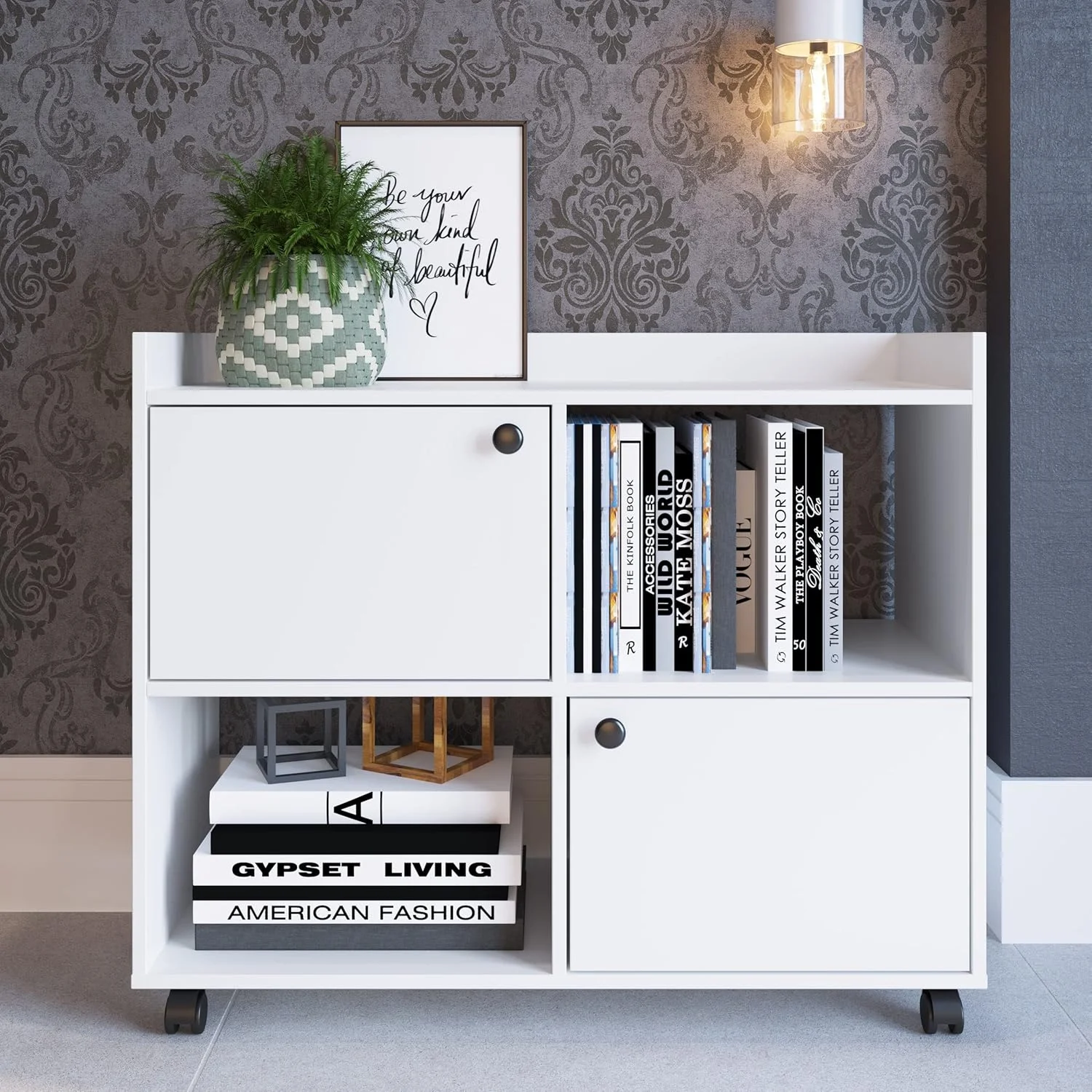 کابینت دو درب Danube Home Lairon با طراحی مدرن 3 طبقه، قفسه کتاب چوبی | قفسه ذخیره سازی نمایشگر صرفه جویی در فضا برای خانه، دفتر، اتاق نشیمن، آشپزخانه L 90 X W 35 X H 75 Cm سفید