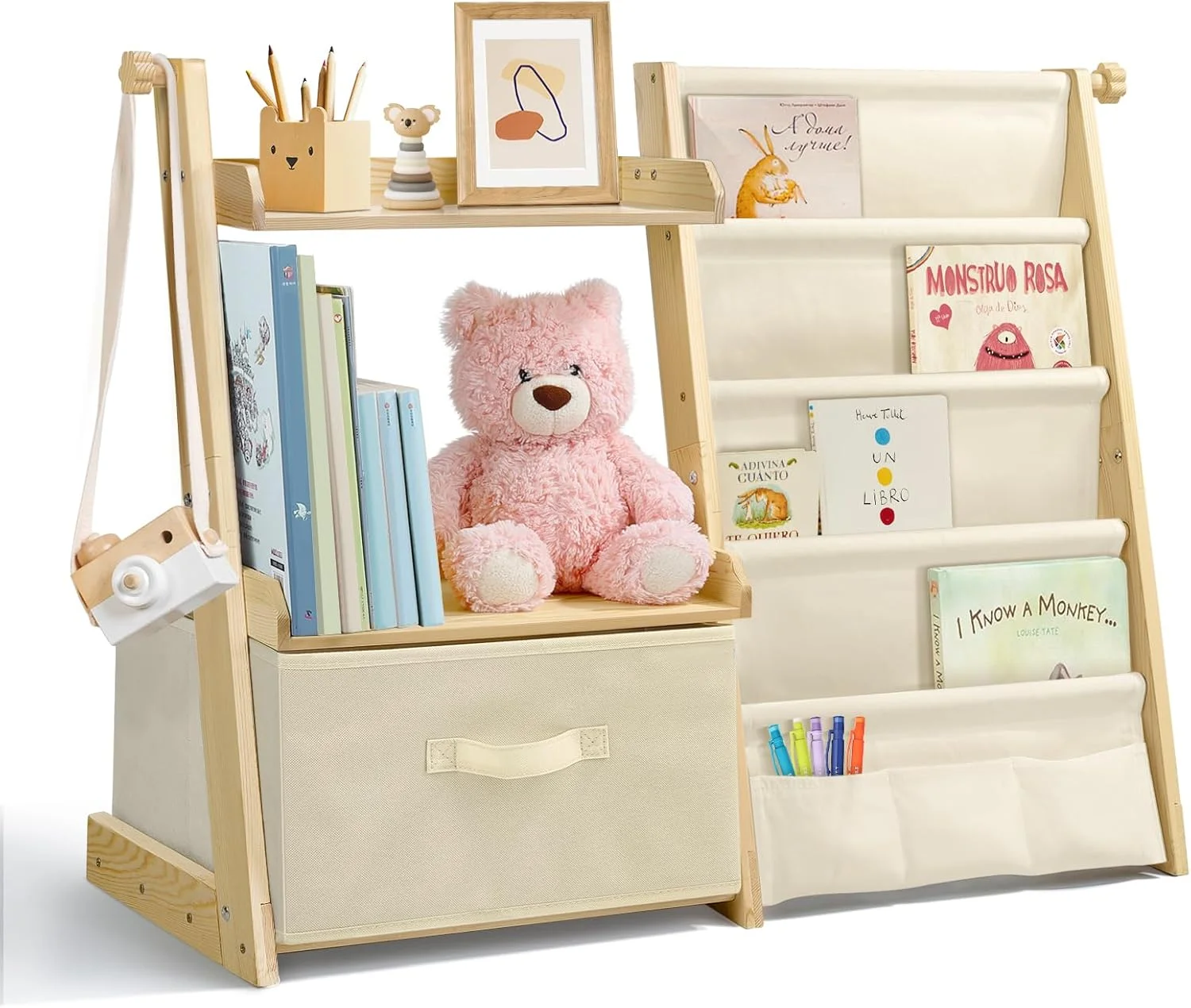 قفسه کتاب و ارگانایزر اسباب بازی کودک ووشوا مدل 2 در 1، قفسه کتاب برای اتاق کودک با سطل اسباب بازی متحرک، قفسه کتاب کودک نوپا 4 طبقه برای اتاق خواب مهد کودک (بژ)