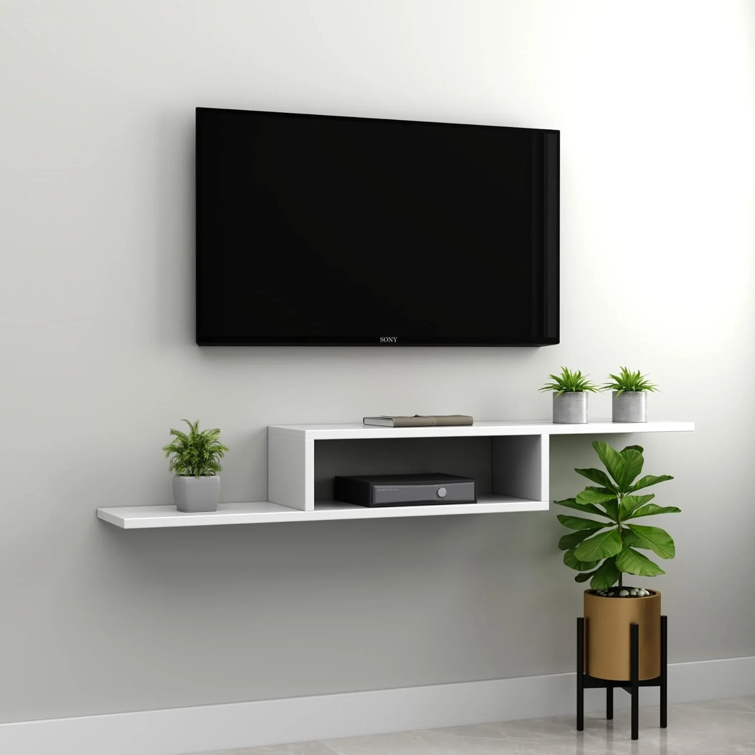کابینت دیواری تلویزیون RIGID، کنسول چوبی شناور با قفسه های باز برای اتاق نشیمن، اتاق خواب، راهروی خانه، دفتر کار (مونتاژ DIY، سفید، 24D x 135W x 18.5H CM)