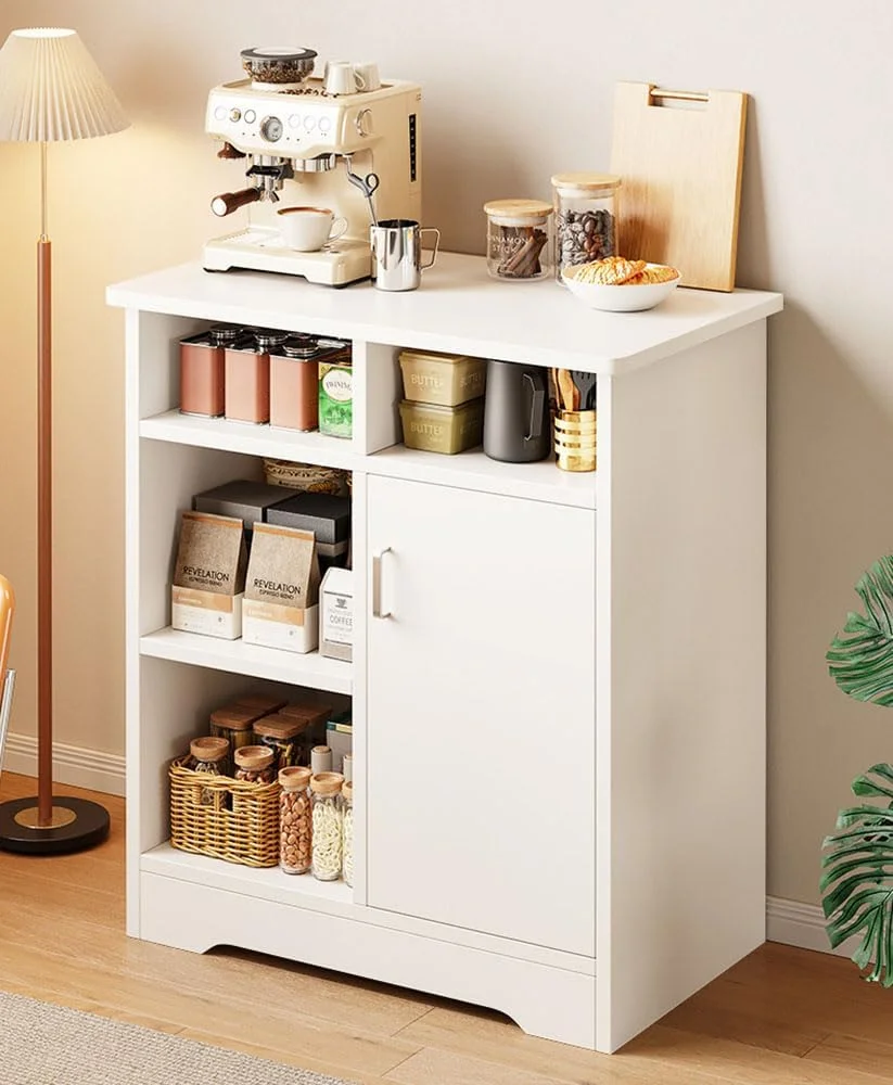 کابینت آشپزخانه، کابینت ذخیره سازی چوبی با درب و قفسه های باز برای اتاق نشیمن، اتاق خواب و آشپزخانه، کابینت بوفه کوچک برای چای و قهوه، ZWG004 (سفید)