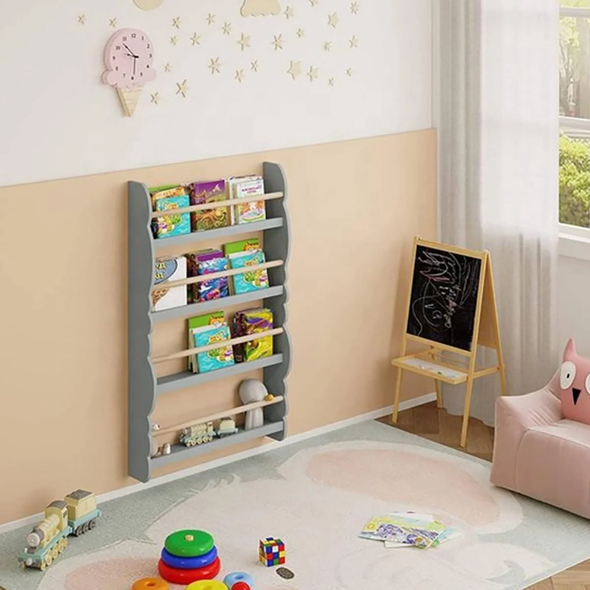 قفسه کتاب دیواری کودک Duffy®، قفسه نمایش و نگهداری کتاب کودک، سازمان دهنده کتاب چوبی برای اتاق کودک (خاکستری - 4 طبقه، 60x98 سانتی متر) قفسه کتاب دیواری کودک Duffy®، قفسه نمایش و نگهداری کتاب کودک، سازمان دهنده کتاب چوبی برای اتاق کودک (خاکستری - 4 طبقه، 60x98 سانتی متر)