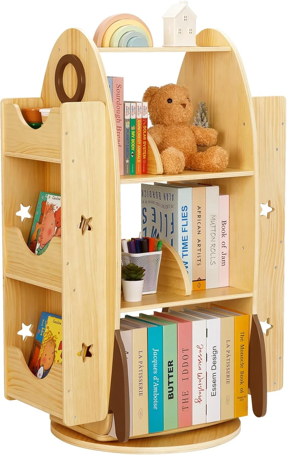 کتابخانه گردان موشکی OOOK برای کودکان، برج کتاب 360 درجه چرخان با طراحی تقویت کننده تخیل و ظرفیت بزرگ، کتابخانه ایده آل مونته سوری برای اتاق کودکان، کلاس درس، اتاق نشیمن