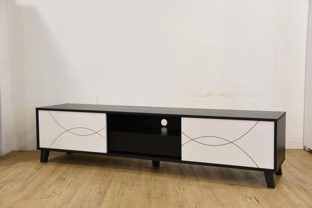 میز تلویزیون چوبی مدرن چند منظوره مبلمان محمد عظیم (MAF) مدل MAF-TV1501-180CM دارای قفسه ها و کشوهای ذخیره سازی برای دفتر کار، منزل، اتاق نشیمن، اتاق بازی و سرگرمی