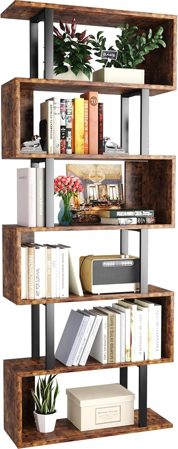 کتابخانه هندسی یوسونگ، قفسه کتاب S شکل 6 طبقه برای اتاق خواب، قفسه نمایشگر تزئینی چوبی مدرن، کتابخانه بلند برای دفتر کار خانگی، قهوه ای و مشکی