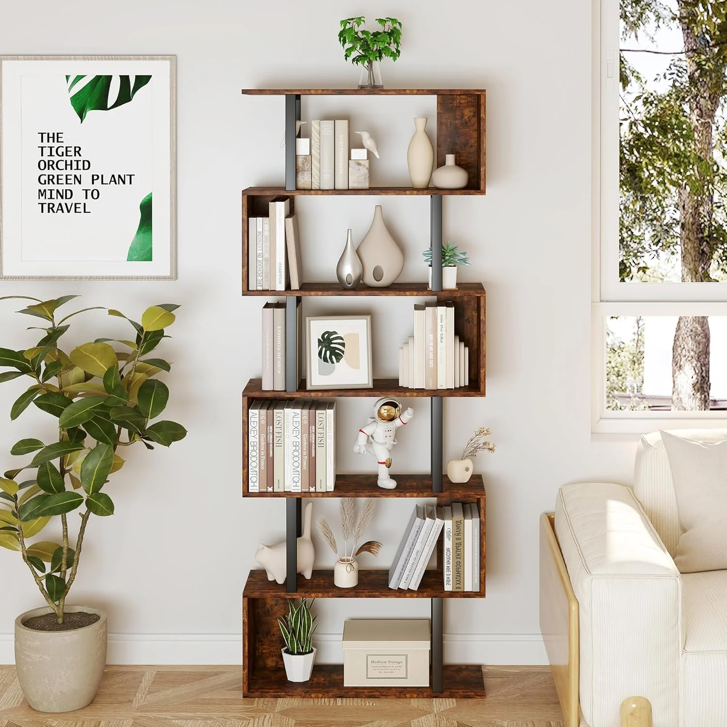 کتابخانه هندسی یوسونگ، قفسه کتاب S شکل 6 طبقه برای اتاق خواب، قفسه نمایشگر تزئینی چوبی مدرن، کتابخانه بلند برای دفتر کار خانگی، قهوه ای و مشکی کتابخانه هندسی یوسونگ، قفسه کتاب S شکل 6 طبقه برای اتاق خواب، قفسه نمایشگر تزئینی چوبی مدرن، کتابخانه بلند برای دفتر کار خانگی، قهوه ای و مشکی
